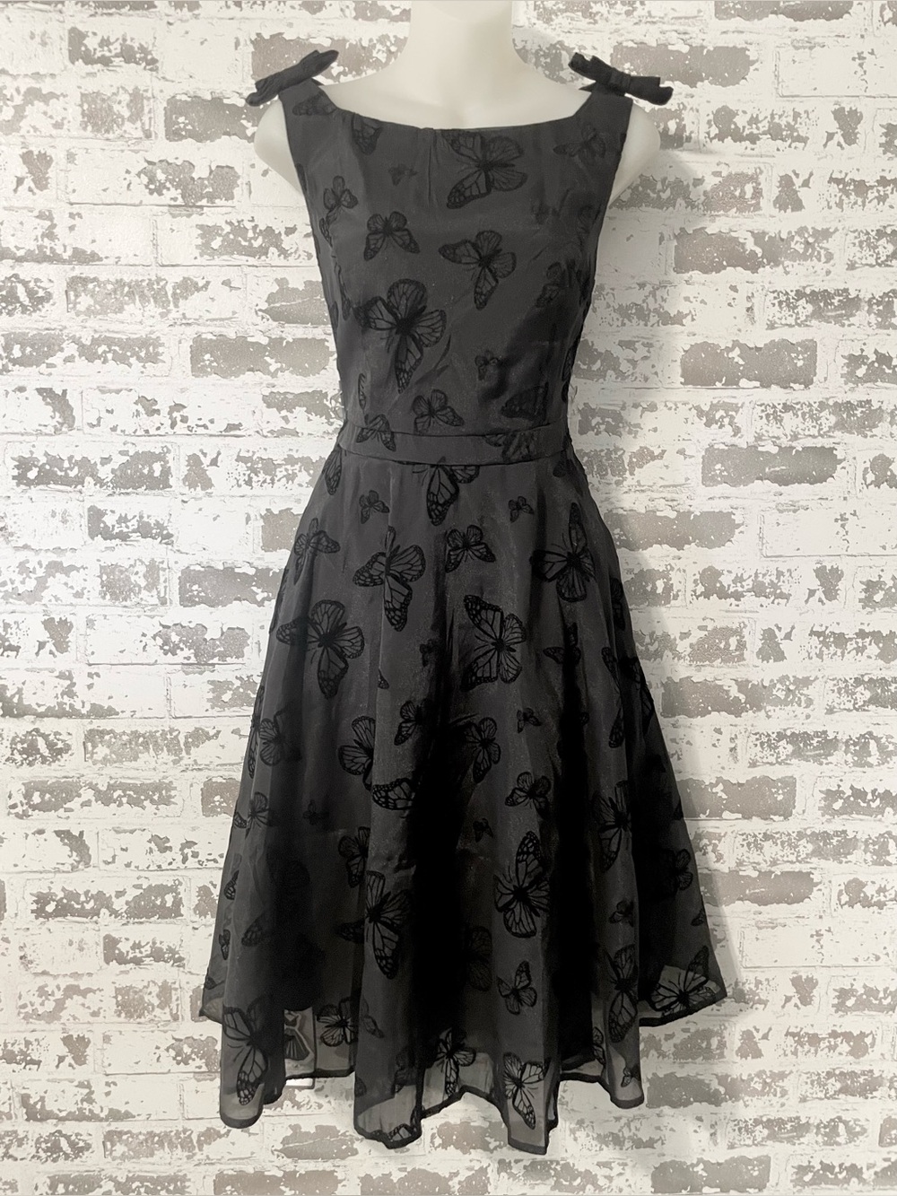 Retro Stage Black Butterfly Flocked Organza Fit & Flare Dress NWT